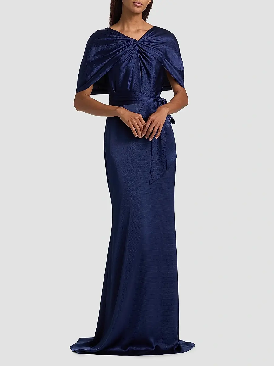 BADGLEY MISCHKA Women's Hammered Satin Cape Sleeve Gown | Thumbnail 2
