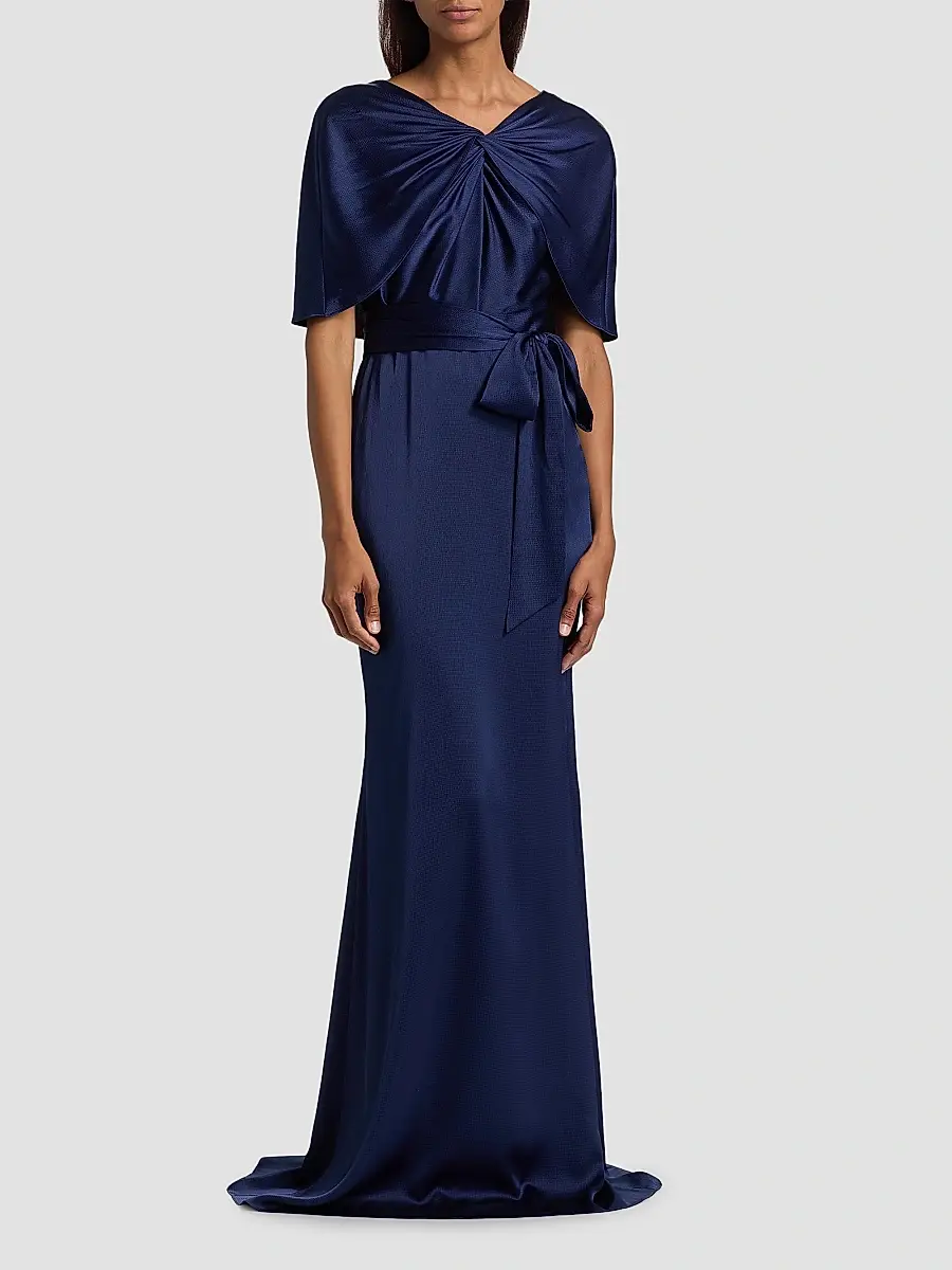 BADGLEY MISCHKA Women's Hammered Satin Cape Sleeve Gown | Thumbnail 3