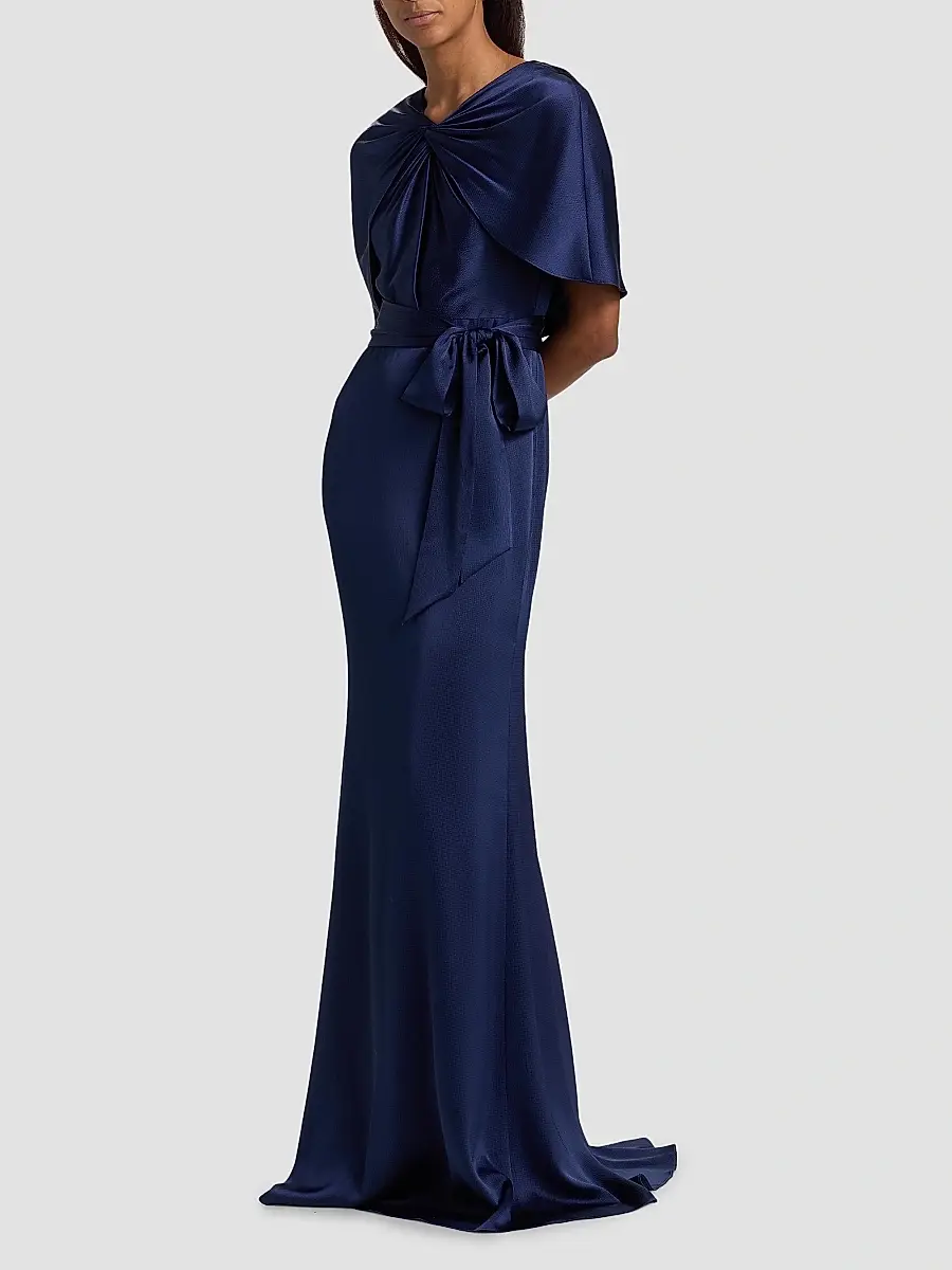 BADGLEY MISCHKA Women's Hammered Satin Cape Sleeve Gown | Thumbnail 4