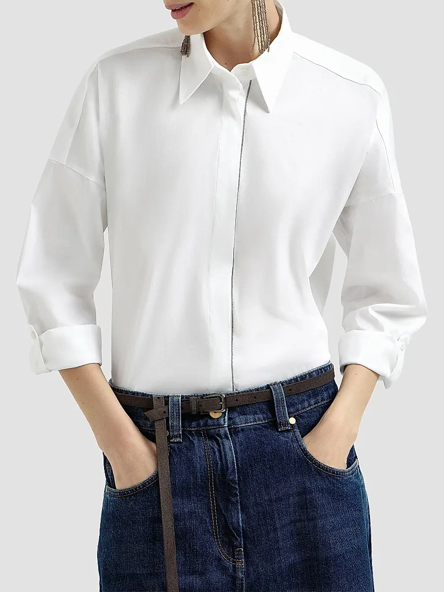 Brunello Cucinelli Women's Stretch Cotton Poplin Shirt with Shiny Trim - White | Thumbnail 2 Brunello Cucinelli Women's Stretch Cotton Poplin Shirt with Shiny Trim - White | Thumbnail 2