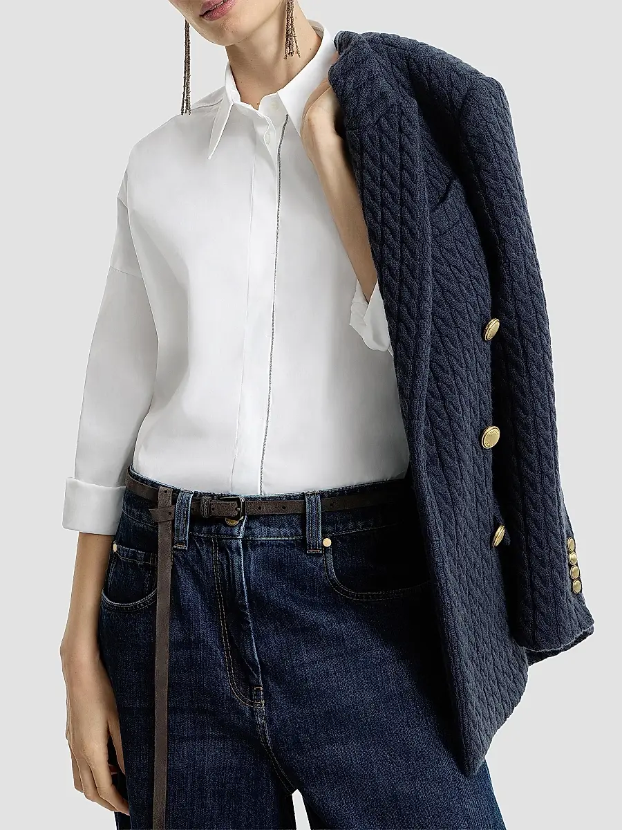 Brunello Cucinelli Women's Stretch Cotton Poplin Shirt with Shiny Trim - White | Thumbnail 4 Brunello Cucinelli Women's Stretch Cotton Poplin Shirt with Shiny Trim - White | Thumbnail 4