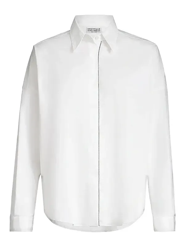 Women's Stretch Cotton Poplin Shirt with Shiny Trim - White