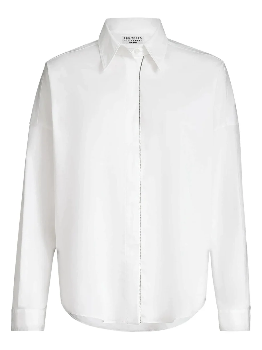 Women's Stretch Cotton Poplin Shirt with Shiny Trim - White Women's Stretch Cotton Poplin Shirt with Shiny Trim - White