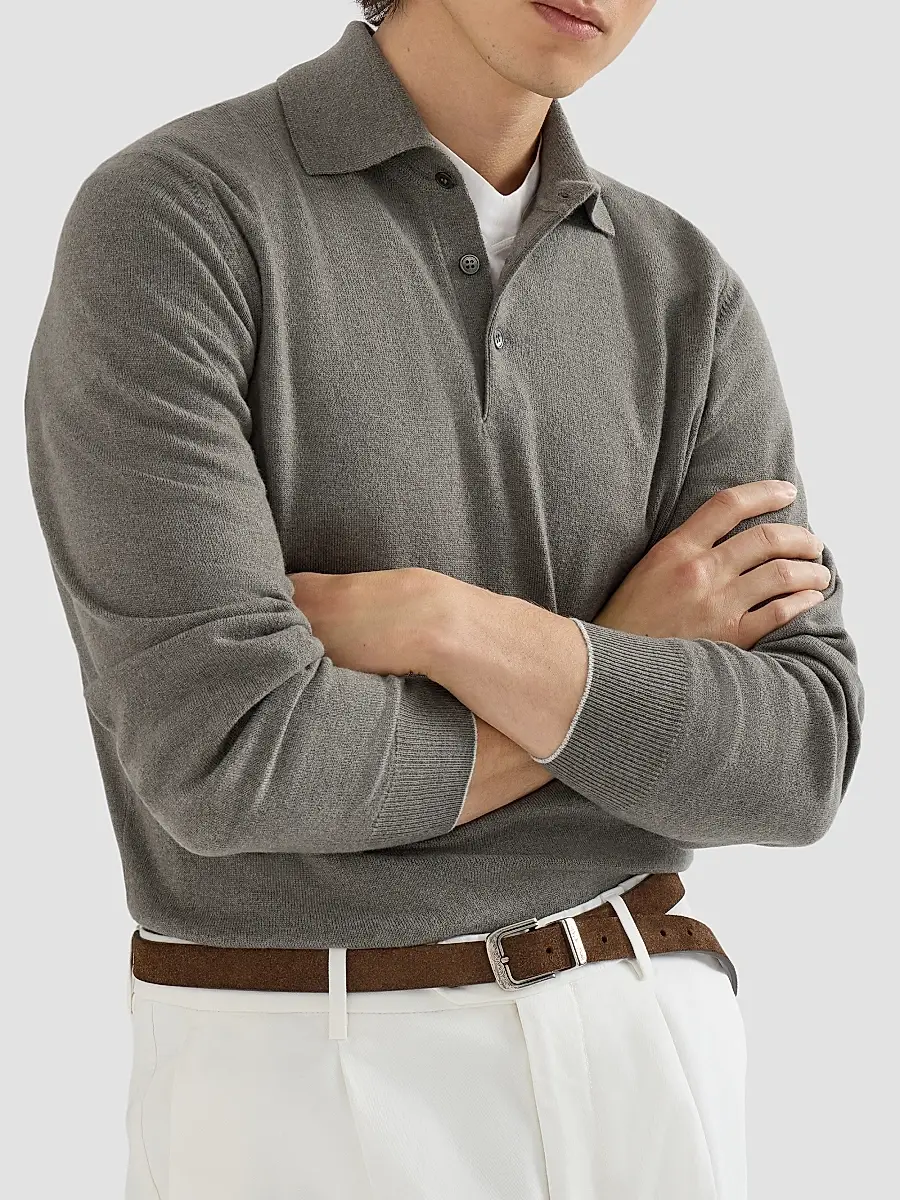 Brunello Cucinelli Men's Cashmere Knit Polo Shirt | Thumbnail 4