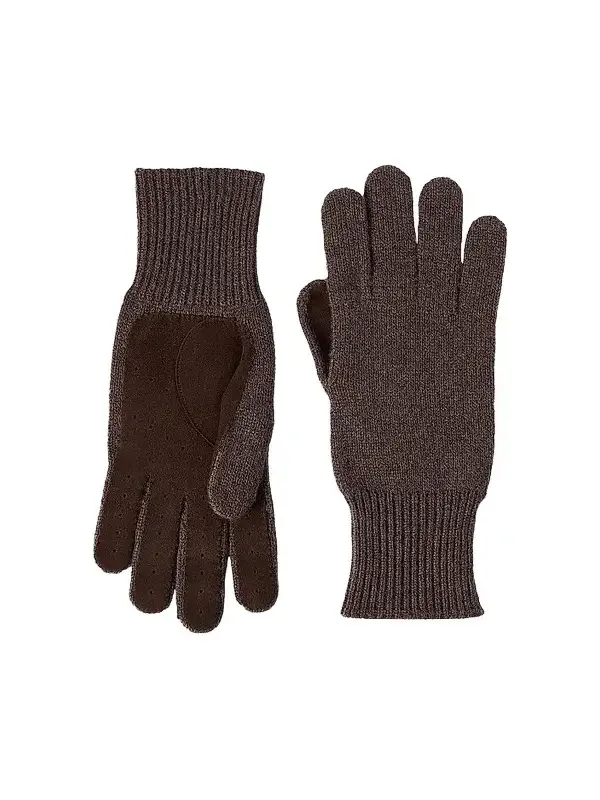 Men's Cashmere Knit Gloves with Suede Palm - Brown Men's Cashmere Knit Gloves with Suede Palm - Brown