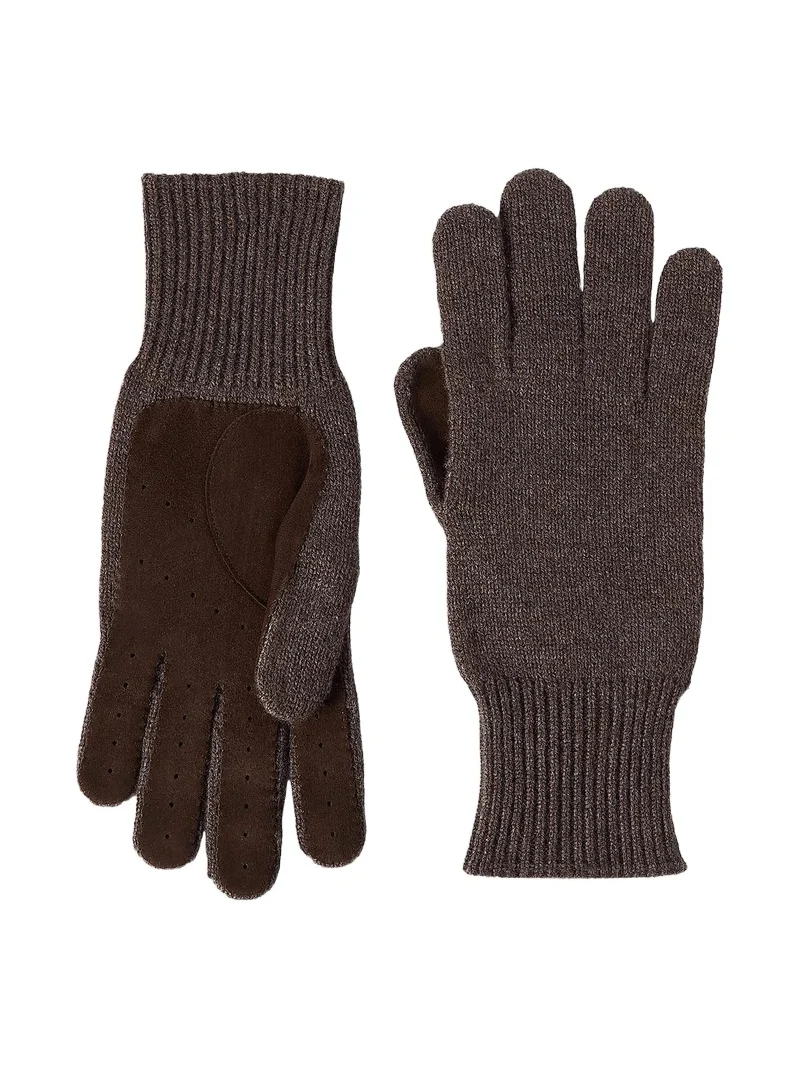 Men's Cashmere Knit Gloves with Suede Palm - Brown Men's Cashmere Knit Gloves with Suede Palm - Brown