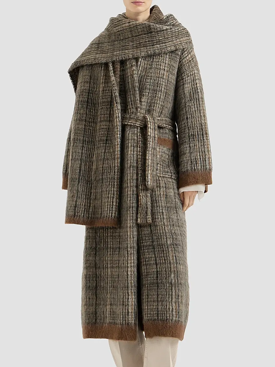 Brunello Cucinelli Women's Mohair and Wool Prince of Wales Double Knit Coat with Scarf - Brown | Thumbnail 2