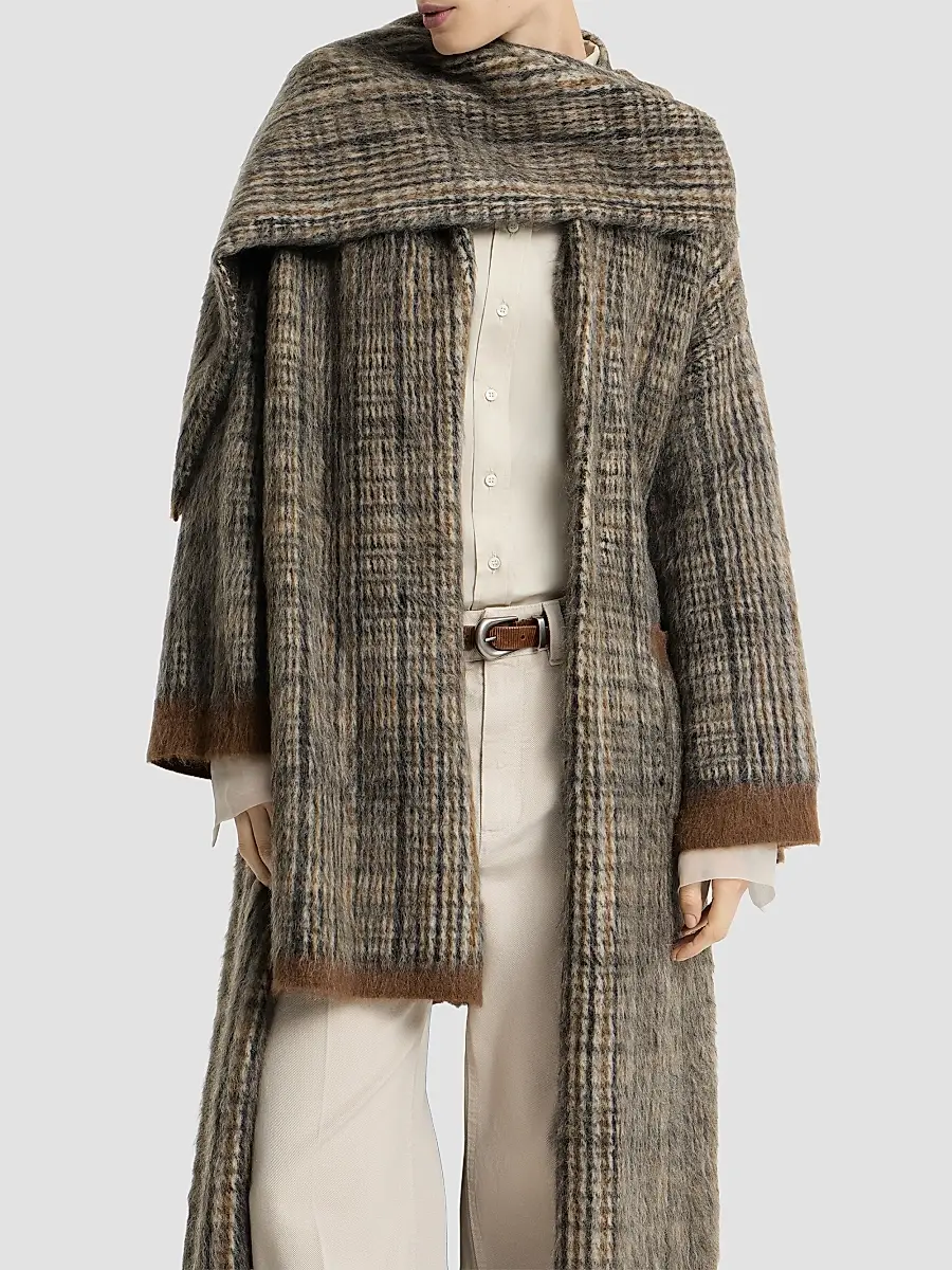 Brunello Cucinelli Women's Mohair and Wool Prince of Wales Double Knit Coat with Scarf - Brown | Thumbnail 4