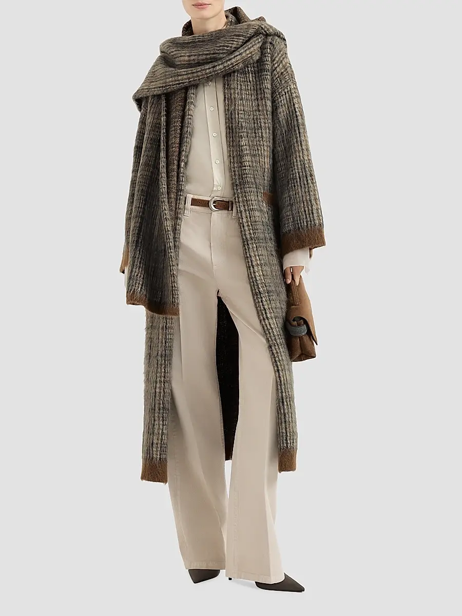 Brunello Cucinelli Women's Mohair and Wool Prince of Wales Double Knit Coat with Scarf - Brown | Thumbnail 6