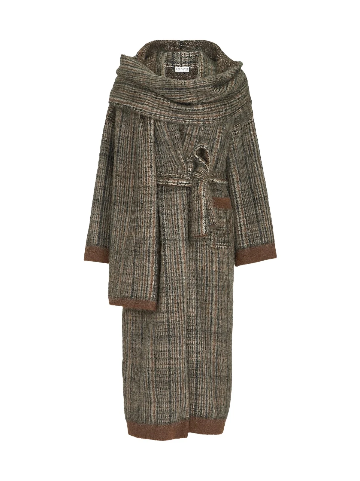 Women's Mohair and Wool Prince of Wales Double Knit Coat with Scarf - Brown Women's Mohair and Wool Prince of Wales Double Knit Coat with Scarf - Brown