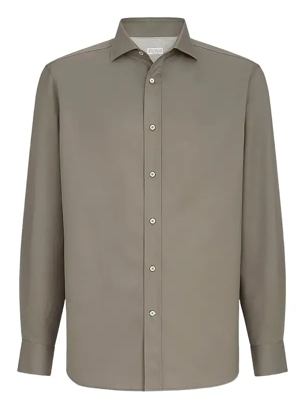 Brunello Cucinelli Men's Garment-Dyed Twill Shirt with Spread Collar - Khaki