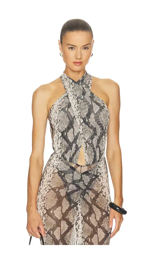 LaPointe x REVOLVE Printed Mesh Cross Bodysuit | Image 1 LaPointe x REVOLVE Printed Mesh Cross Bodysuit | Image 1