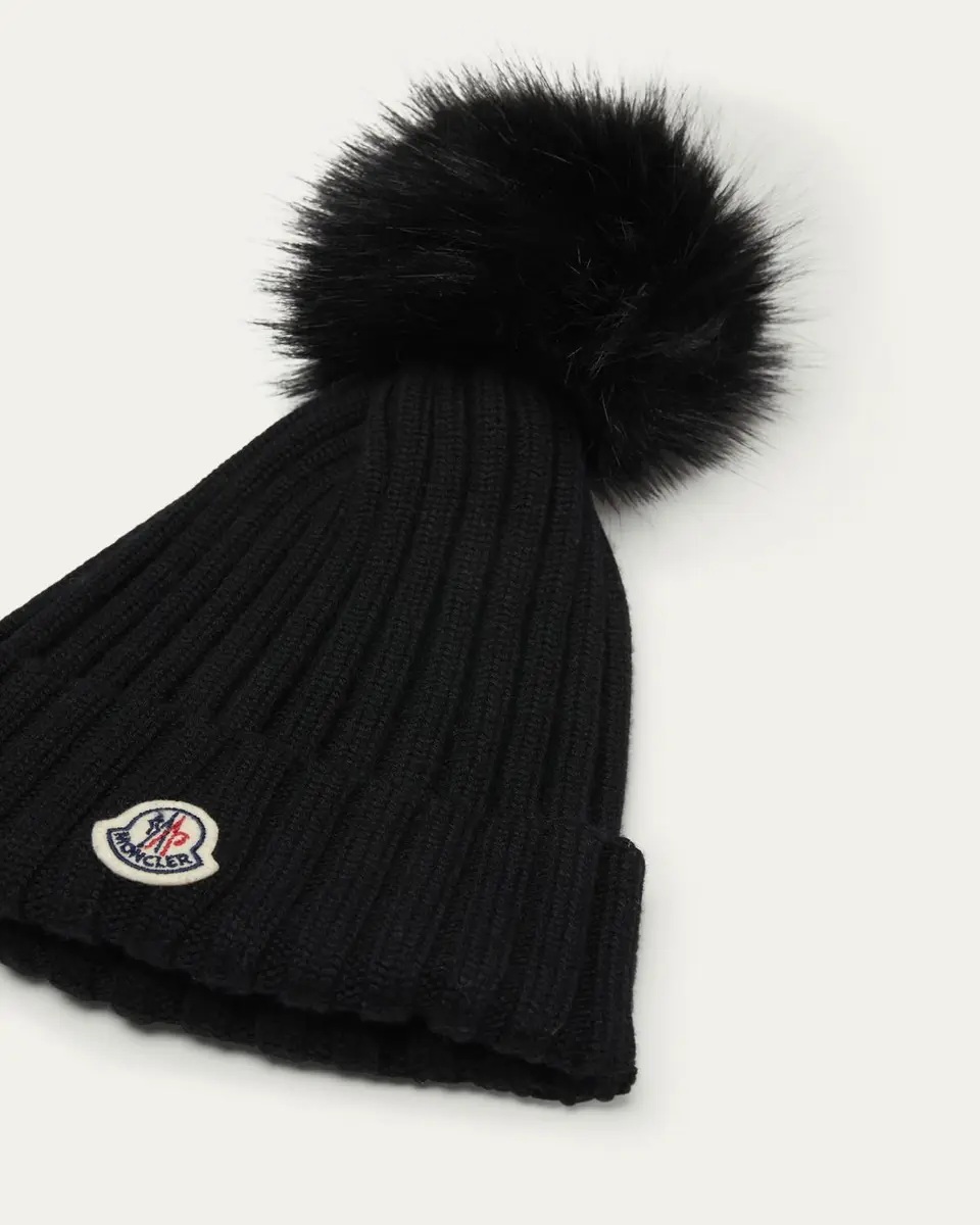 Moncler Wool Beanie with Faux Fur Pom | Thumbnail 2 Moncler Wool Beanie with Faux Fur Pom | Thumbnail 2
