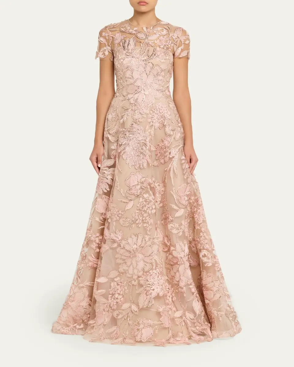 Naeem Khan Floral Raffia Embroidered Tulle Short-Sleeve Gown | Thumbnail 2