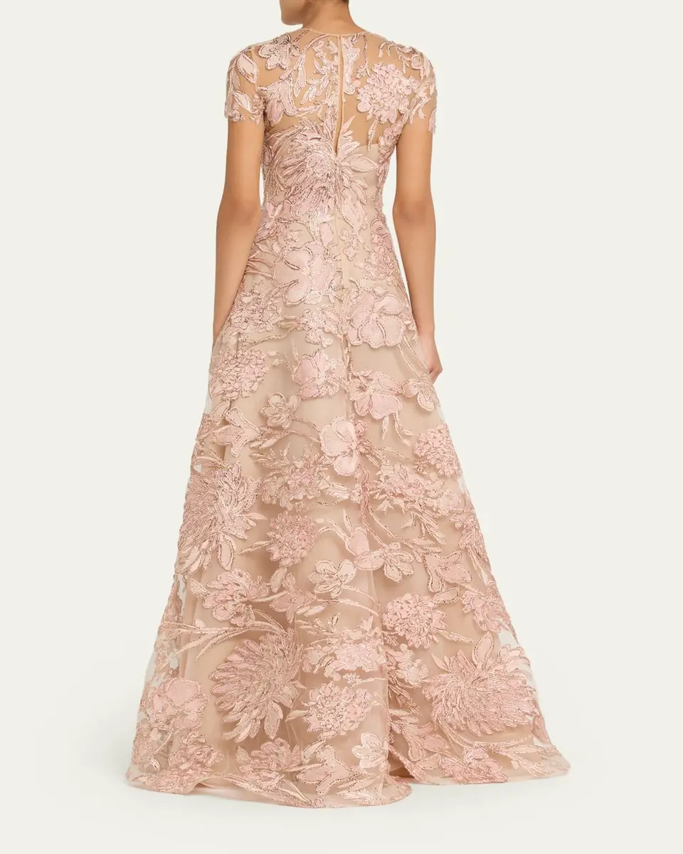 Naeem Khan Floral Raffia Embroidered Tulle Short-Sleeve Gown | Thumbnail 3