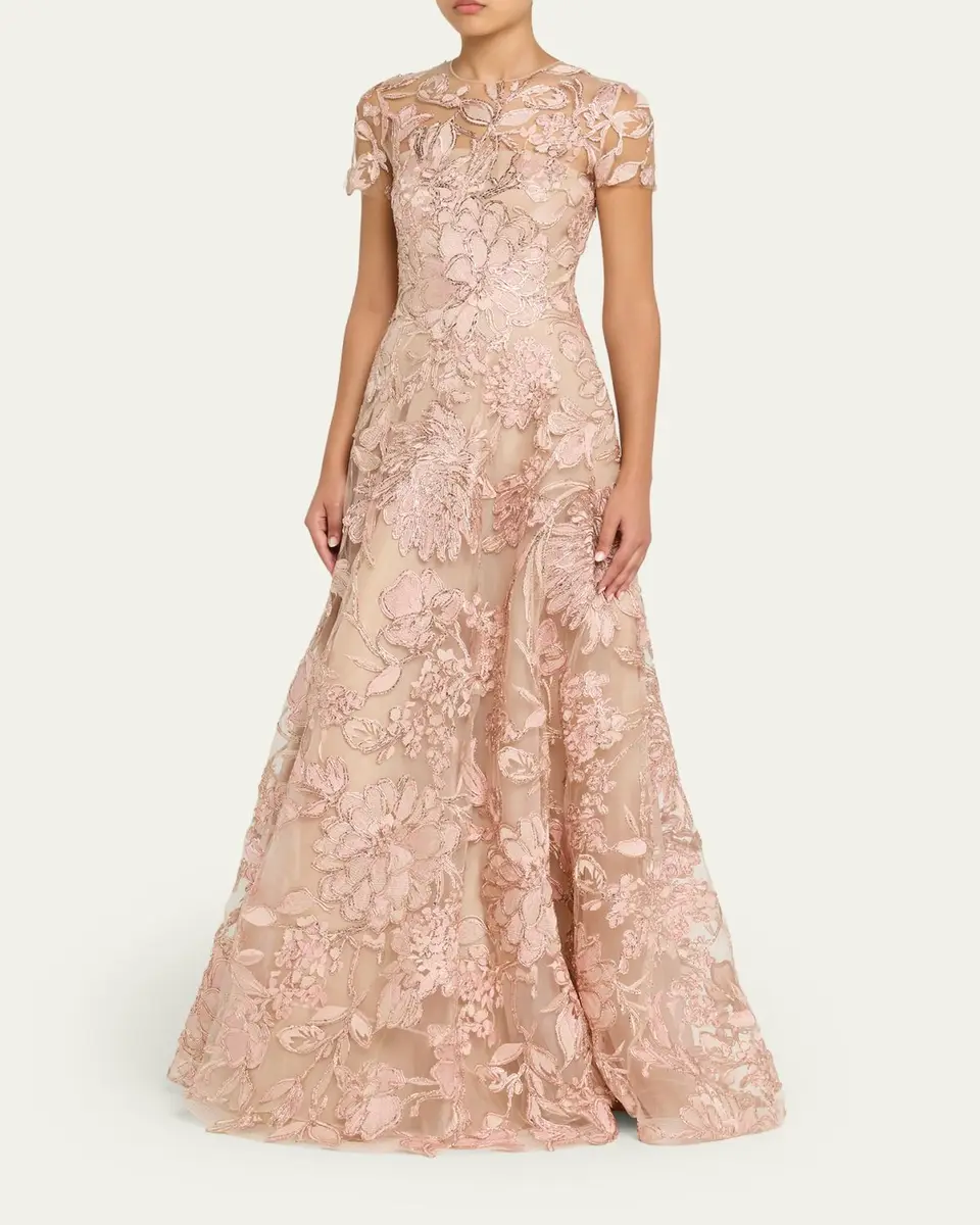 Naeem Khan Floral Raffia Embroidered Tulle Short-Sleeve Gown | Thumbnail 4