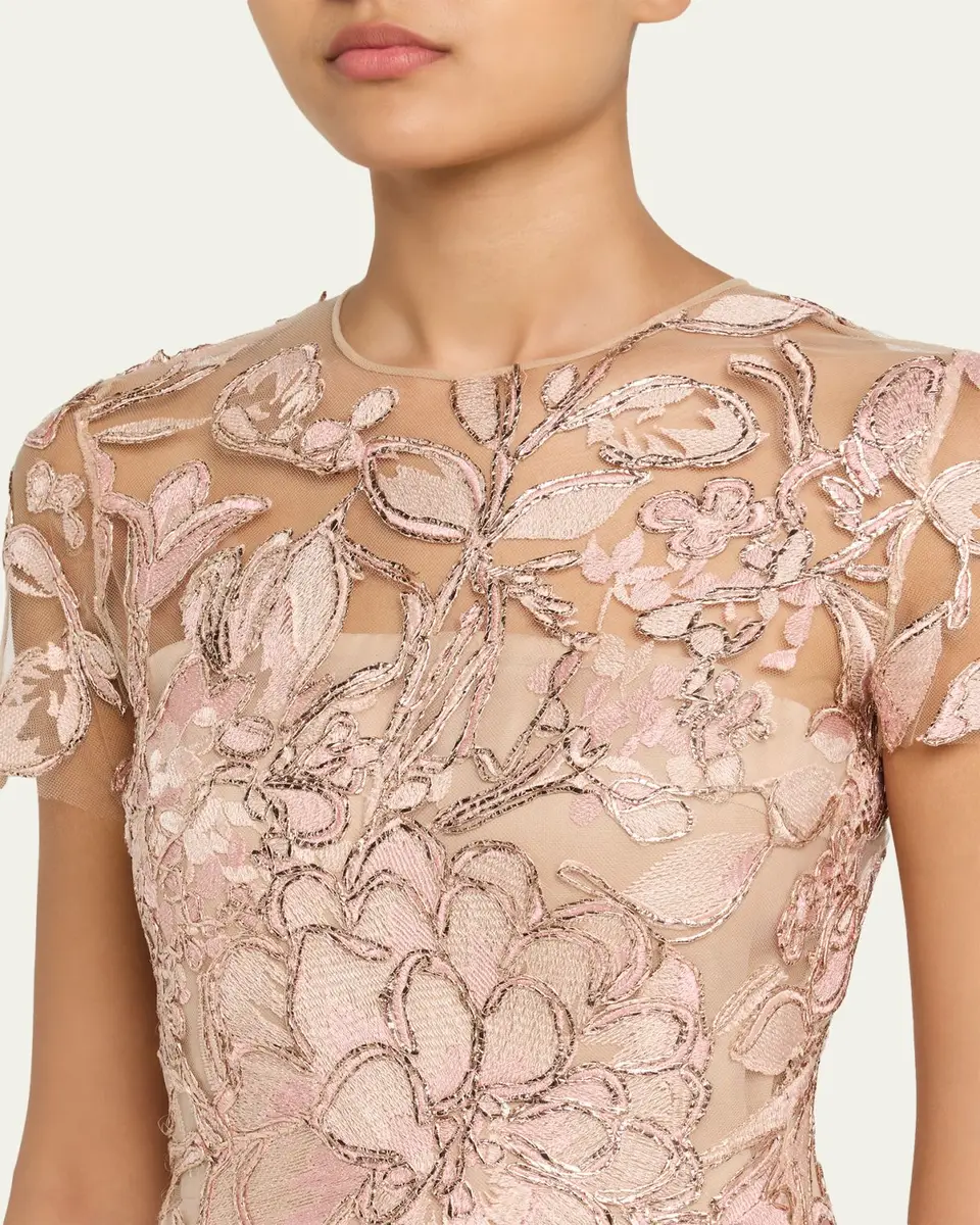 Naeem Khan Floral Raffia Embroidered Tulle Short-Sleeve Gown | Thumbnail 5