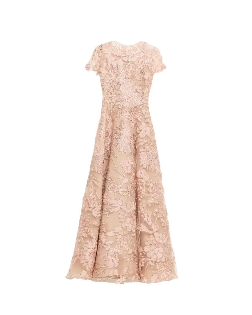 Naeem Khan Floral Raffia Embroidered Tulle Short-Sleeve Gown | Image 1 Naeem Khan Floral Raffia Embroidered Tulle Short-Sleeve Gown | Image 1