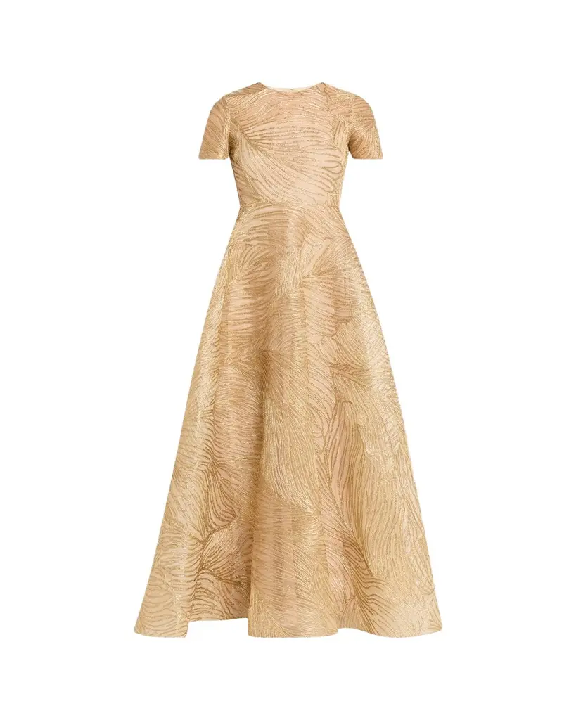 Naeem Khan Metallic Raffia Embroidered Short-Sleeve Gown | Image 1 Naeem Khan Metallic Raffia Embroidered Short-Sleeve Gown | Image 1
