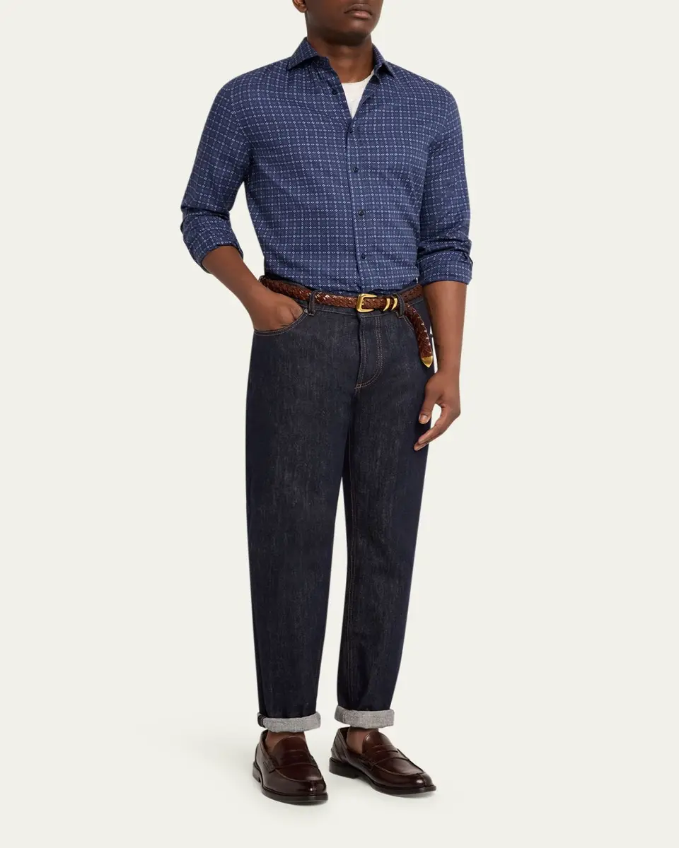 Brunello Cucinelli en's Geometric Grid Cotton Button-Down Shirt | Thumbnail 2 Brunello Cucinelli en's Geometric Grid Cotton Button-Down Shirt | Thumbnail 2