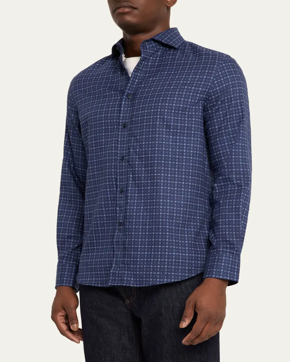 Brunello Cucinelli en's Geometric Grid Cotton Button-Down Shirt | Thumbnail 4 Brunello Cucinelli en's Geometric Grid Cotton Button-Down Shirt | Thumbnail 4