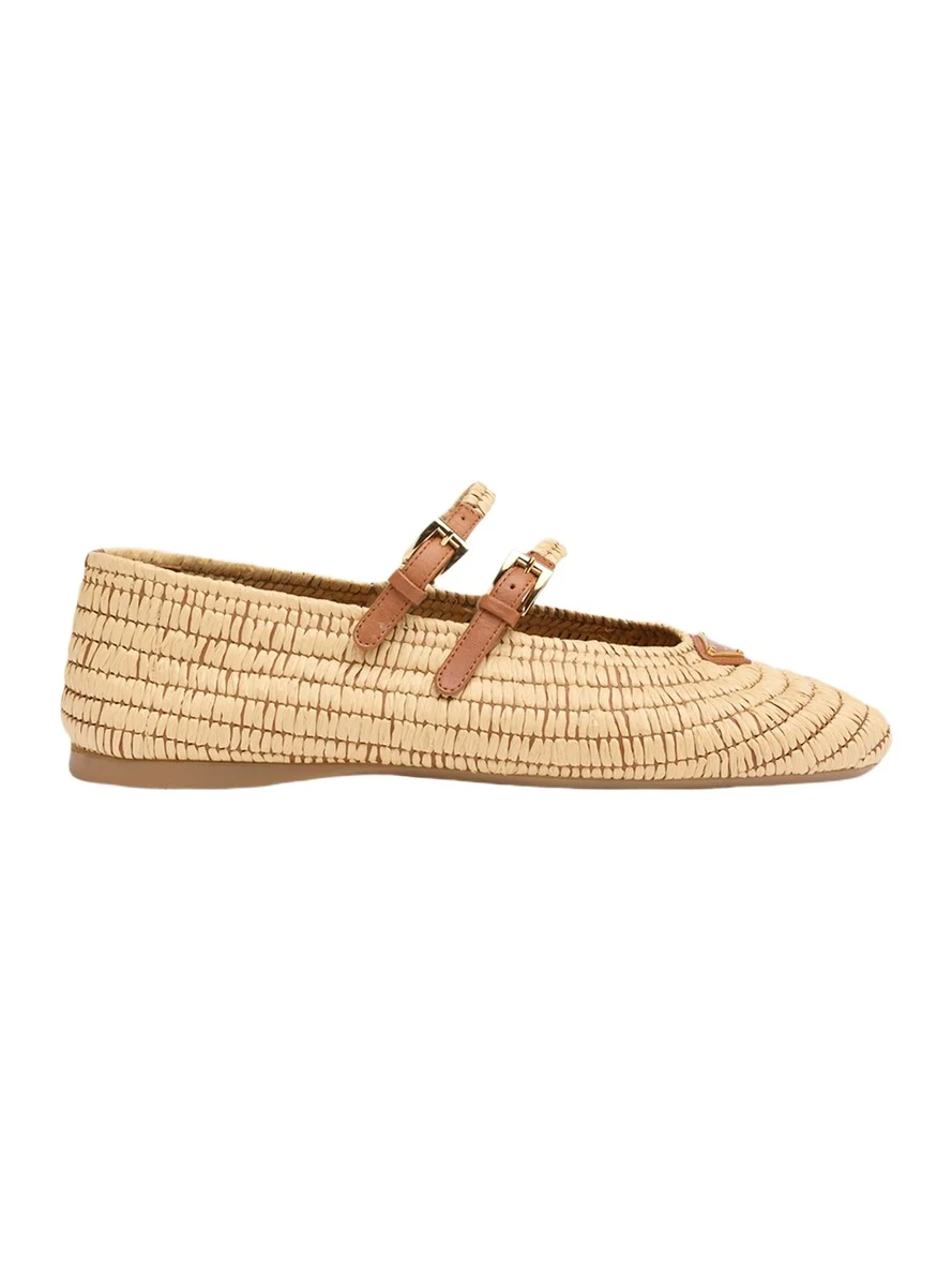 Prada Stuoia Raffia Dual Mary Jane Ballerina Flats