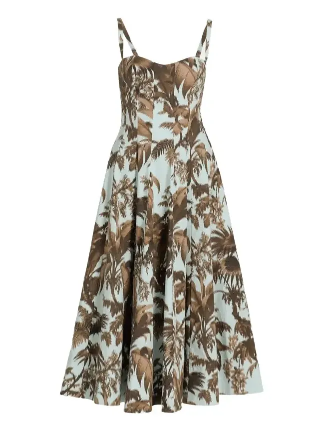 Sleeveless Chine Hibiscus Cotton Poplin Midi Dress