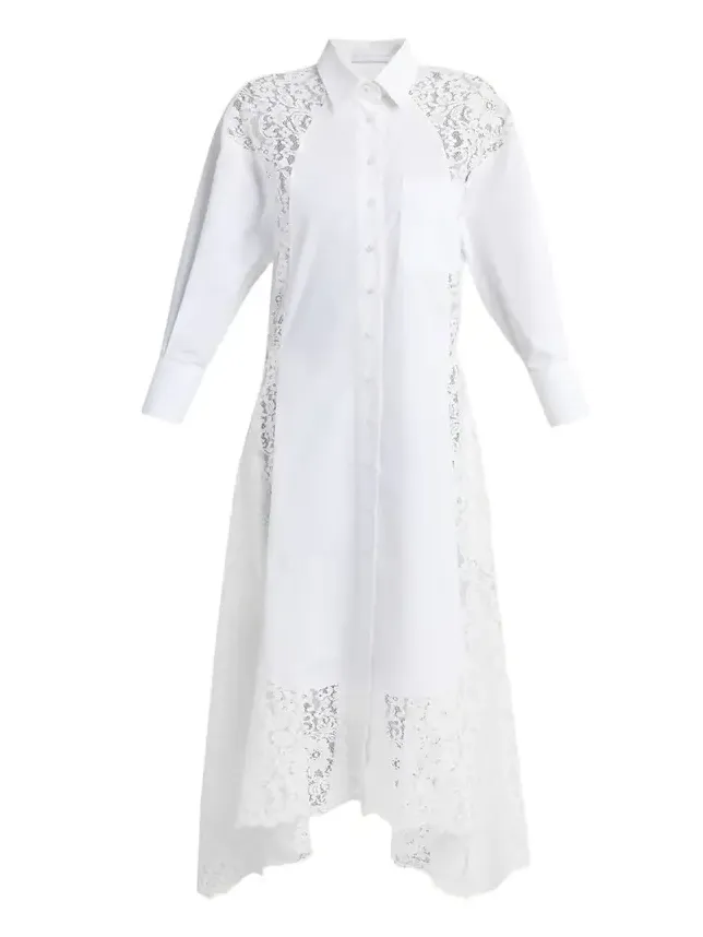 Lace-Paneled Poplin Midi Shirtdress