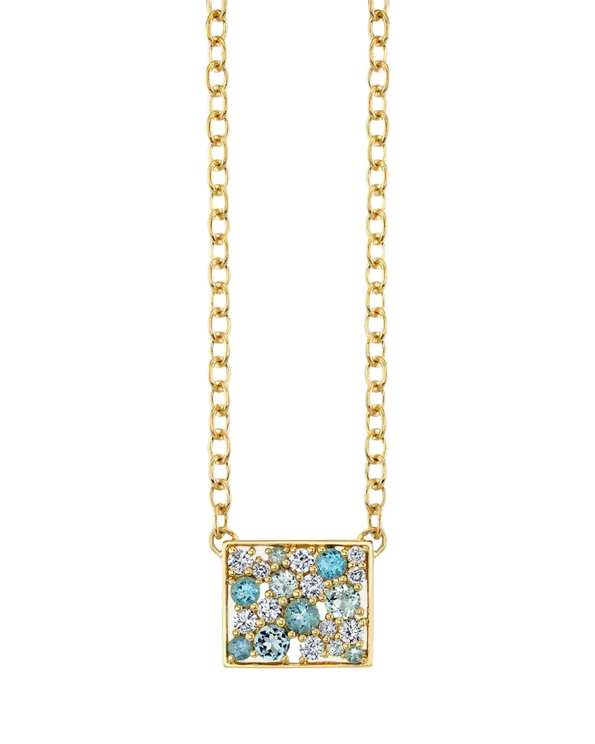14K Diamond, Topaz and Aquamarine Rectangular Cocktail Fixed Pendant Necklace