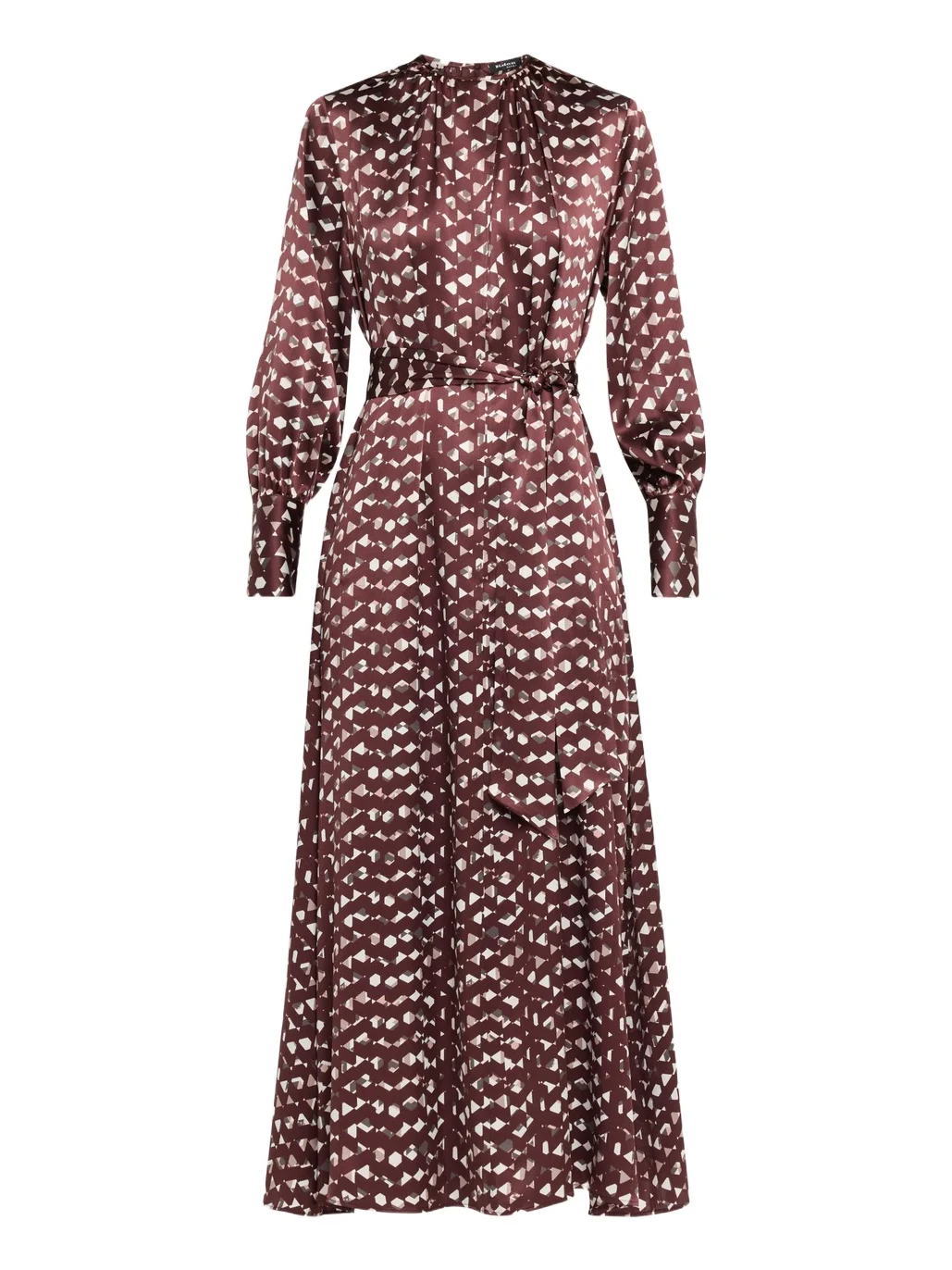 Kiton Long-Sleeve Abstract-Print Silk Belted Maxi Dress