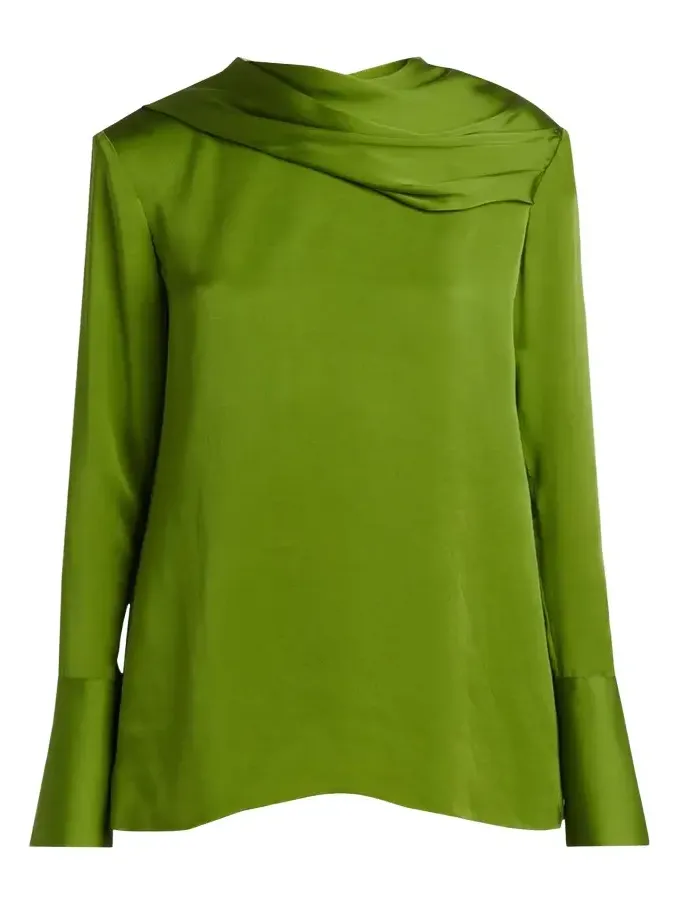 Draped Silk Long-Sleeve Tunic Blouse