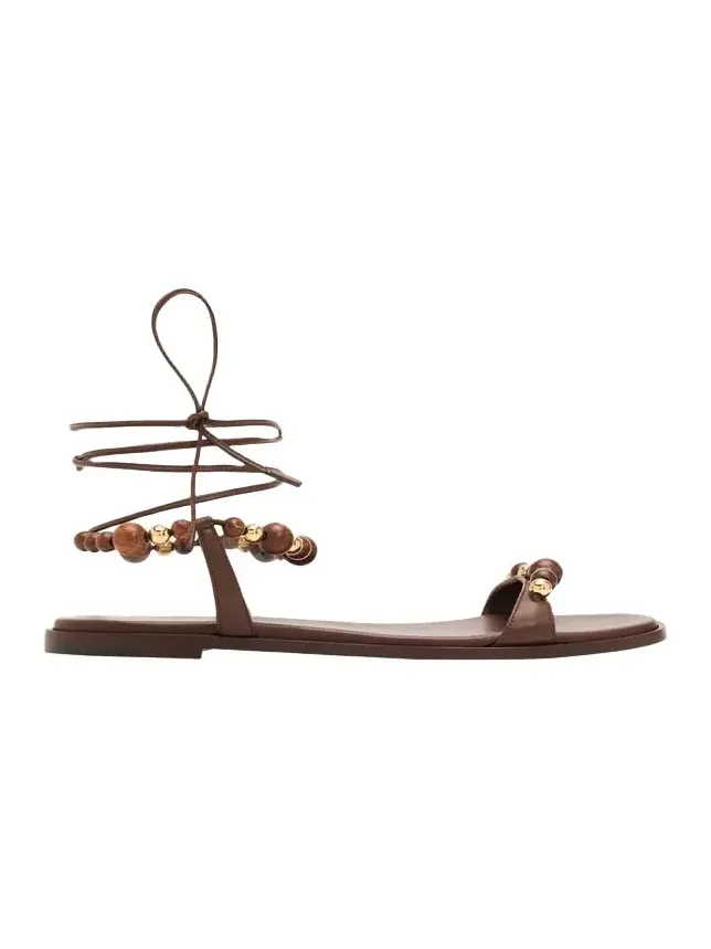 Beaded Nappa Leather Flat Ankle-Tie Sandals Beaded Nappa Leather Flat Ankle-Tie Sandals