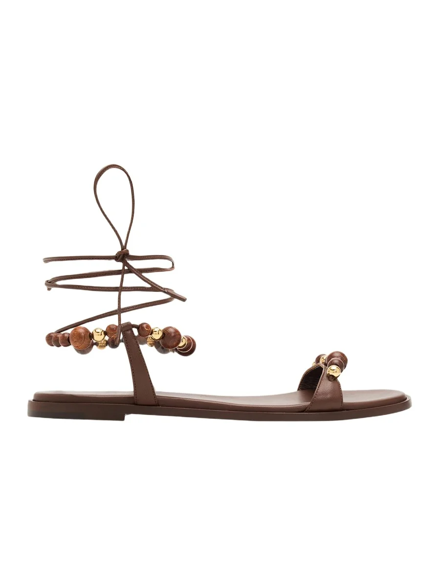 Beaded Nappa Leather Flat Ankle-Tie Sandals