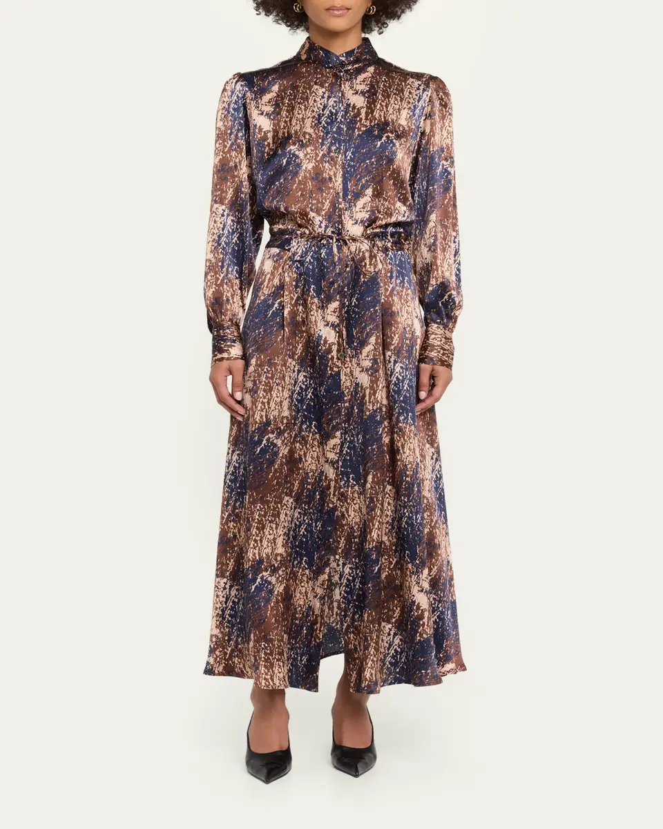 Kiton Long-Sleeve Abstract-Print Silk Drawstring Maxi Shirtdress | Thumbnail 2