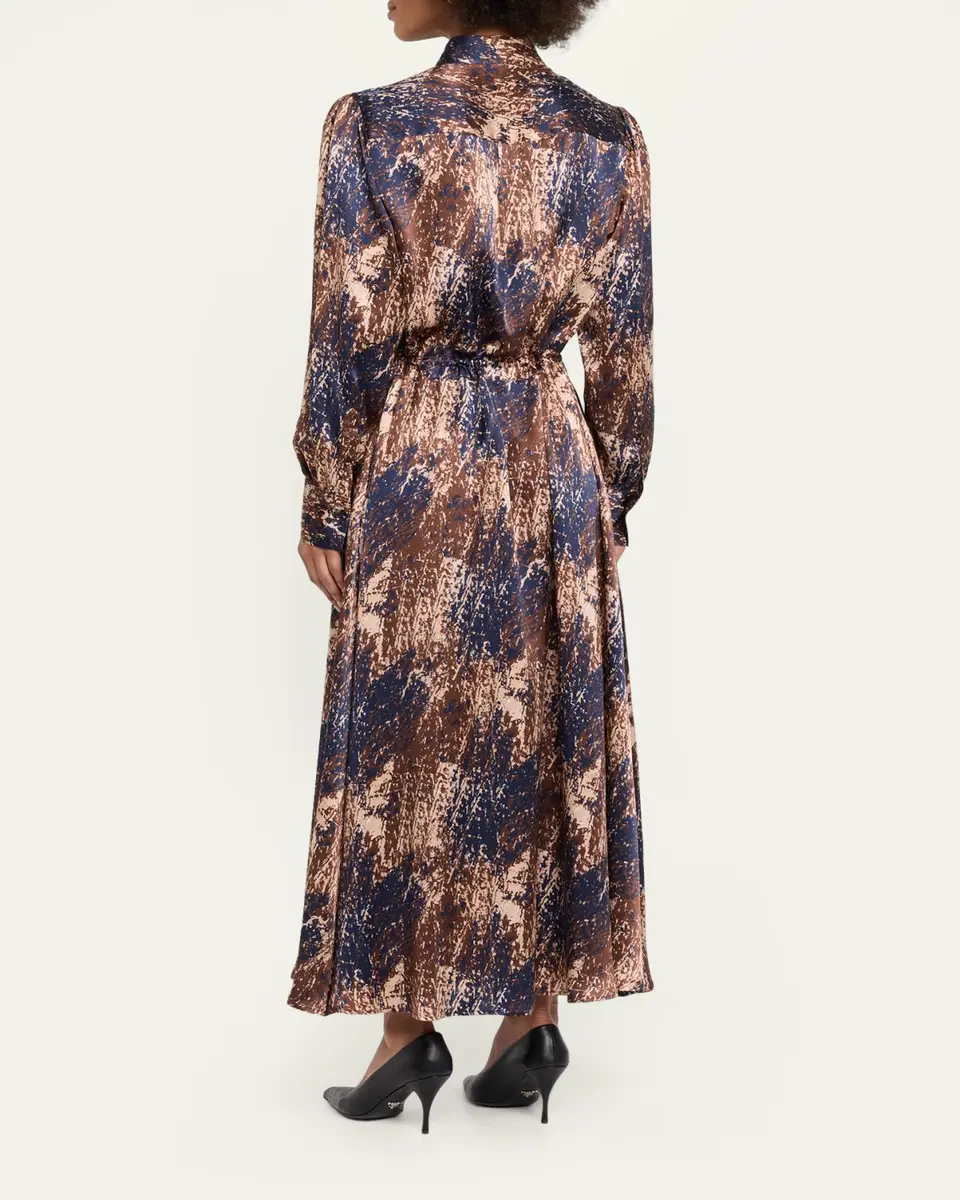 Kiton Long-Sleeve Abstract-Print Silk Drawstring Maxi Shirtdress | Thumbnail 3