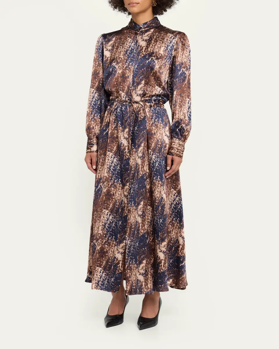 Kiton Long-Sleeve Abstract-Print Silk Drawstring Maxi Shirtdress | Thumbnail 4