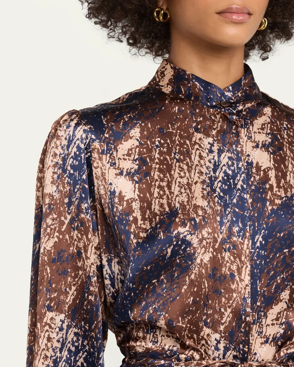 Kiton Long-Sleeve Abstract-Print Silk Drawstring Maxi Shirtdress | Thumbnail 5