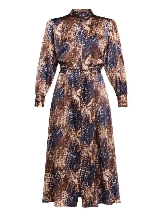 Long-Sleeve Abstract-Print Silk Drawstring Maxi Shirtdress Long-Sleeve Abstract-Print Silk Drawstring Maxi Shirtdress