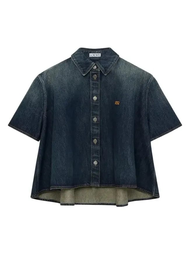 Short-Sleeve Denim Trapeze Button-Down Shirt Short-Sleeve Denim Trapeze Button-Down Shirt