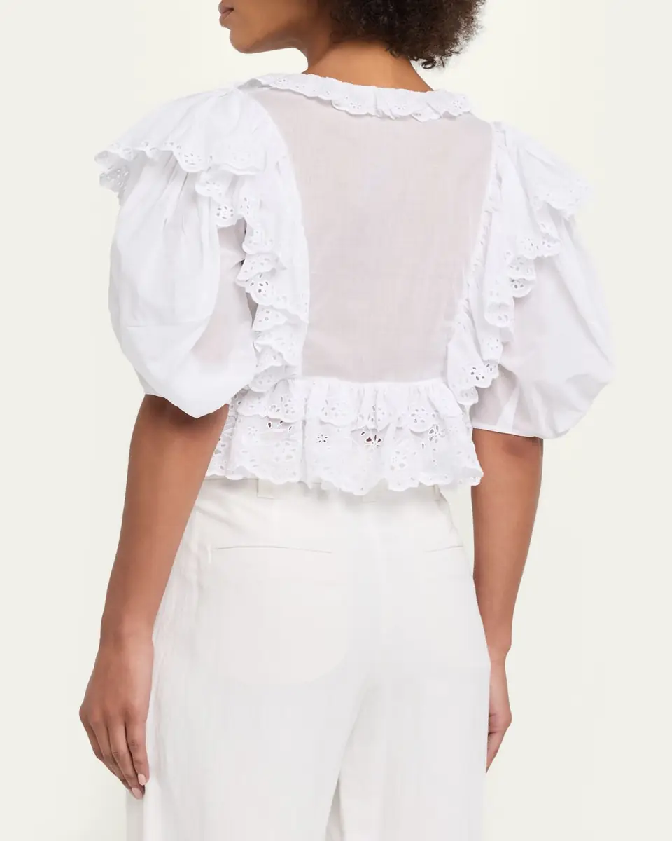 Chloé Ruffled Eyelet Cotton Puff-Sleeve Crop Top | Thumbnail 3