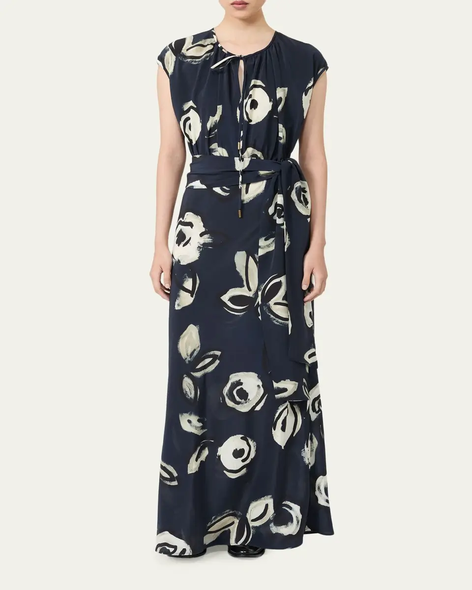 Max Mara Cap-Sleeve Floral-Print Silk Belted Maxi Dress | Thumbnail 2 Max Mara Cap-Sleeve Floral-Print Silk Belted Maxi Dress | Thumbnail 2