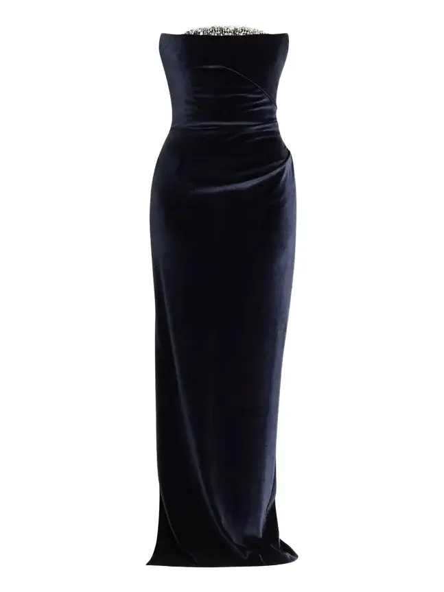 Strapless Crystal Embellished Velvet Column Gown Strapless Crystal Embellished Velvet Column Gown