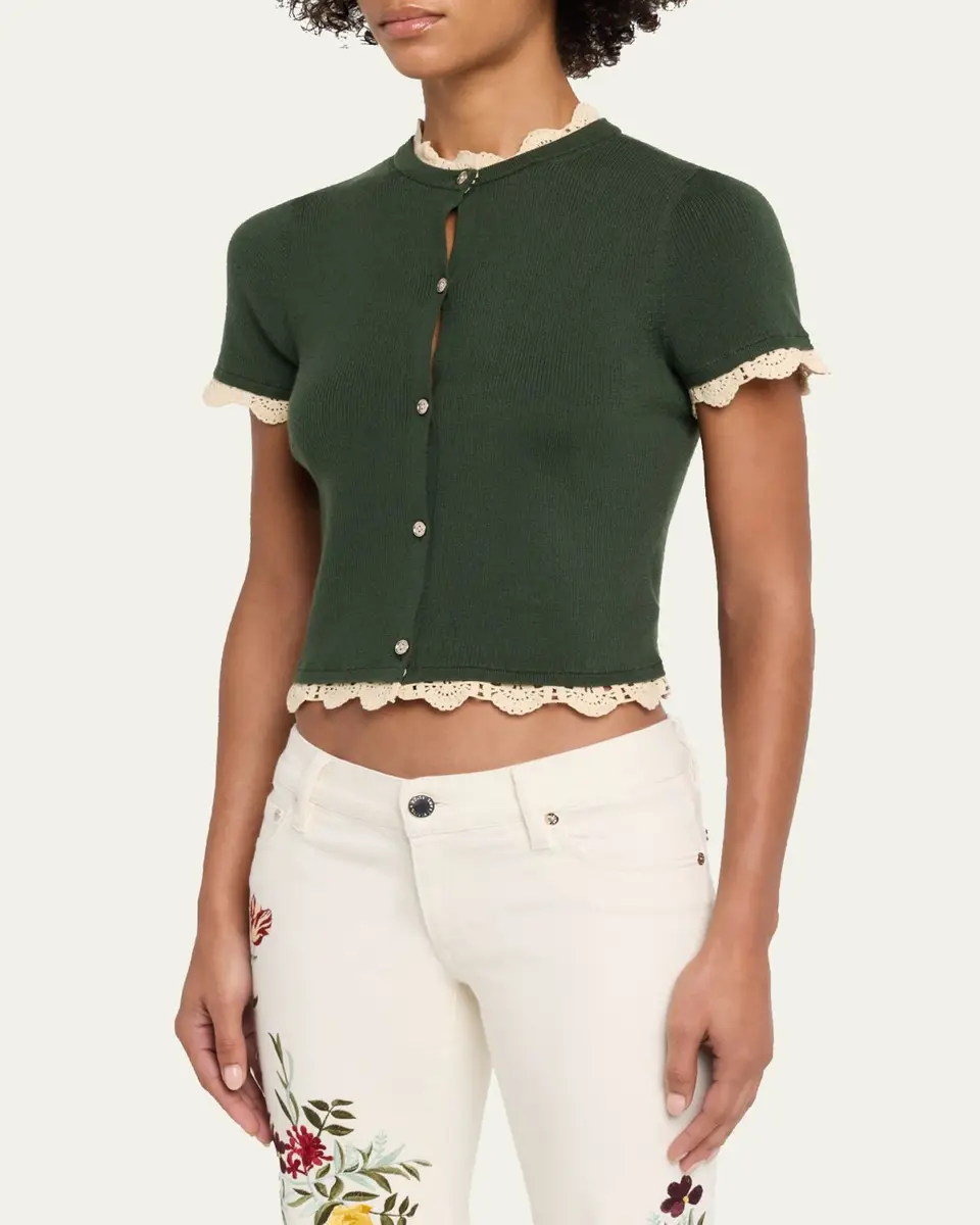 Alice + Olivia Ciara Crochet-Trim Ribbed Cardigan | Thumbnail 4