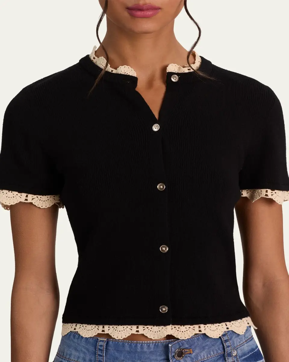 Alice + Olivia Ciara Crochet-Trim Ribbed Cardigan | Thumbnail 9