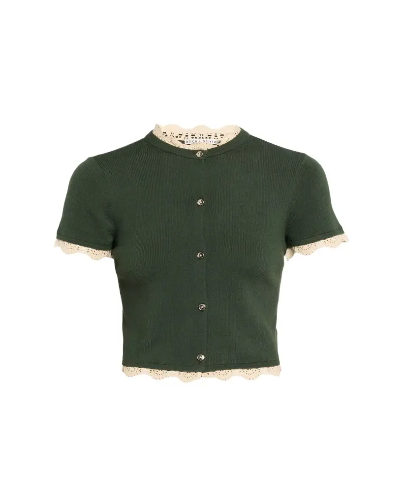 Alice + Olivia Ciara Crochet-Trim Ribbed Cardigan | Image 1 Alice + Olivia Ciara Crochet-Trim Ribbed Cardigan | Image 1