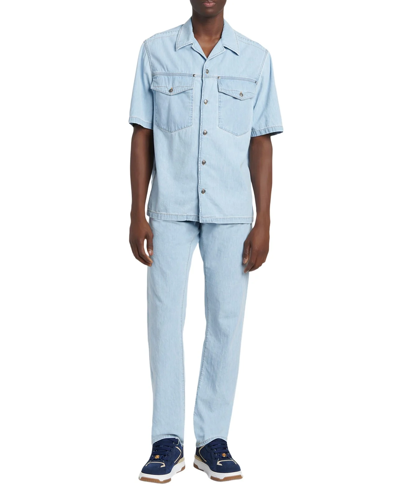Men's Embroidered-Logo Short-Sleeve Denim Shirt