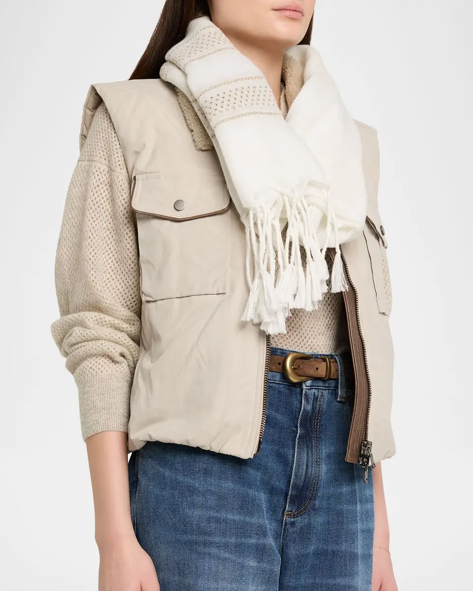 Brunello Cucinelli Embroidered Linen Fringe-Trim Scarf | Thumbnail 3 Brunello Cucinelli Embroidered Linen Fringe-Trim Scarf | Thumbnail 3