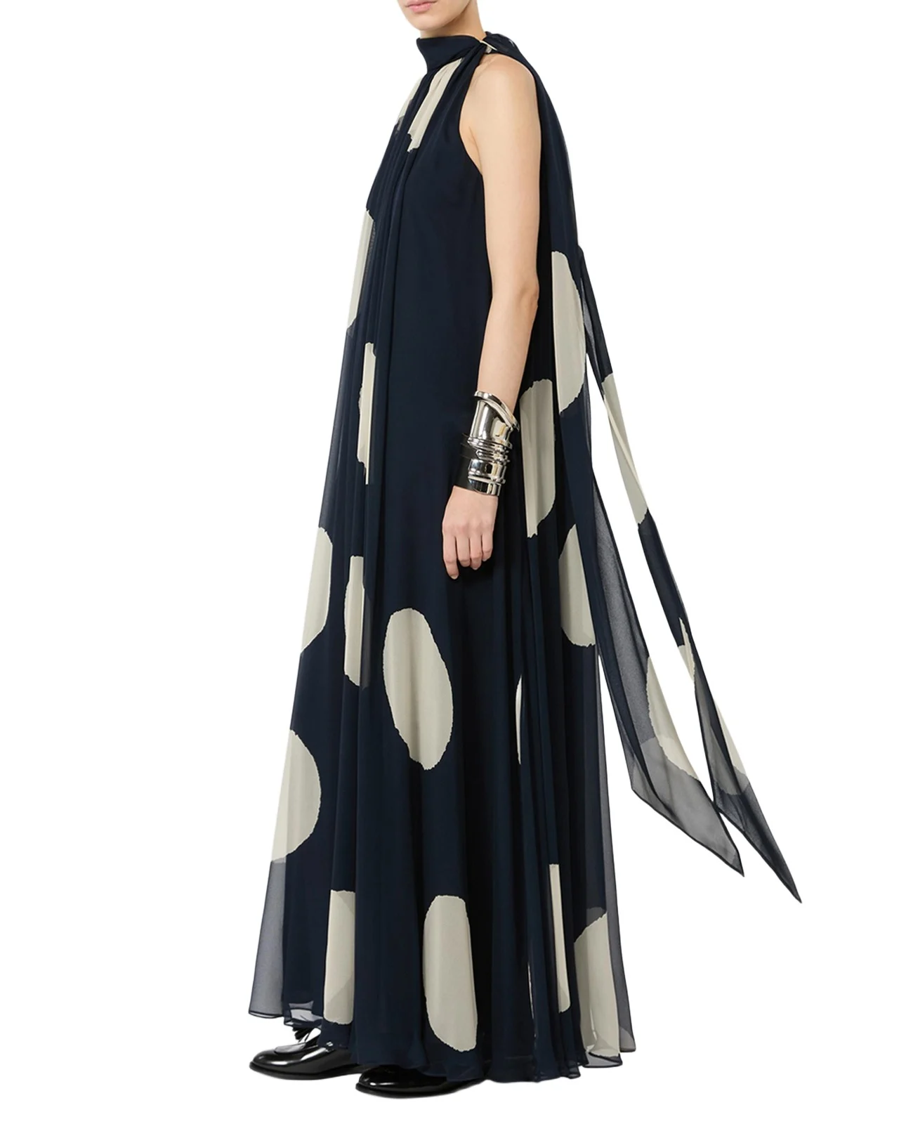 Polka-Dot Silk Chiffon Scarf-Neck Halter Maxi Dress
