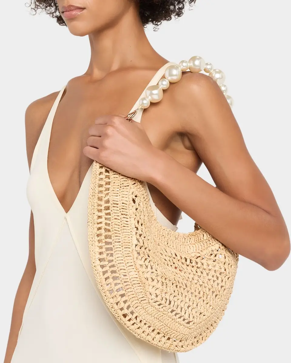 BTB Los Angeles Rae Pearly-Strap Crochet Raffia Hobo Bag | Thumbnail 2