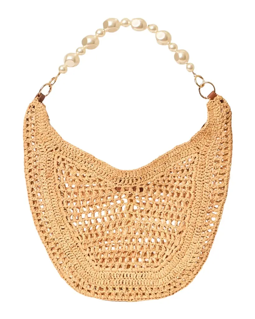 BTB Los Angeles Rae Pearly-Strap Crochet Raffia Hobo Bag | Image 1 BTB Los Angeles Rae Pearly-Strap Crochet Raffia Hobo Bag | Image 1